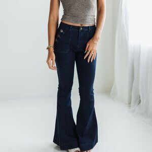 Dark Wash Side Button Flare Jeans High Rise Stretch Western Retro Size